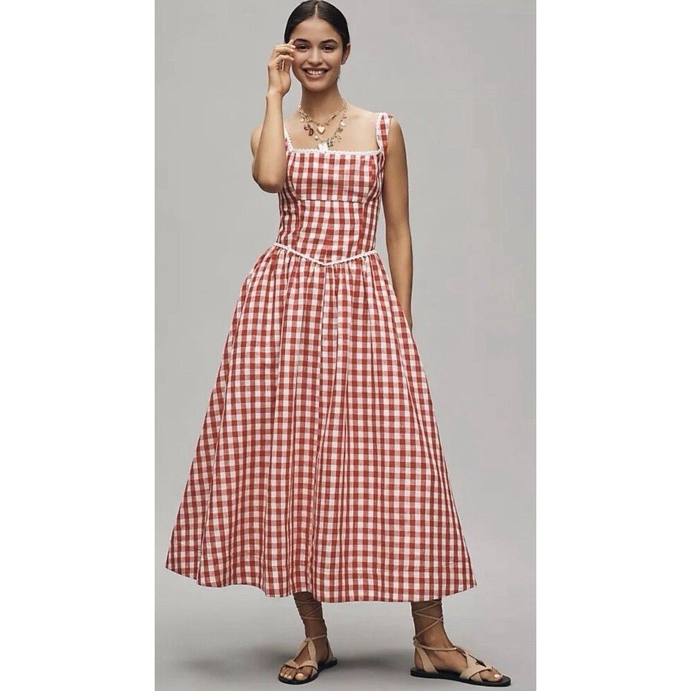 Anthropologie Wayf Midi Dress Red Linen Blend Drop Waist Preppy Boho Medium NWT - Picture 1 of 14